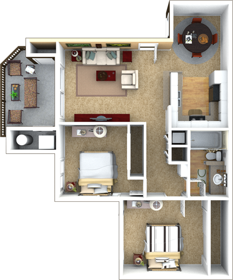 Floor plan for 2 beds, 1 bath, 834 sqft